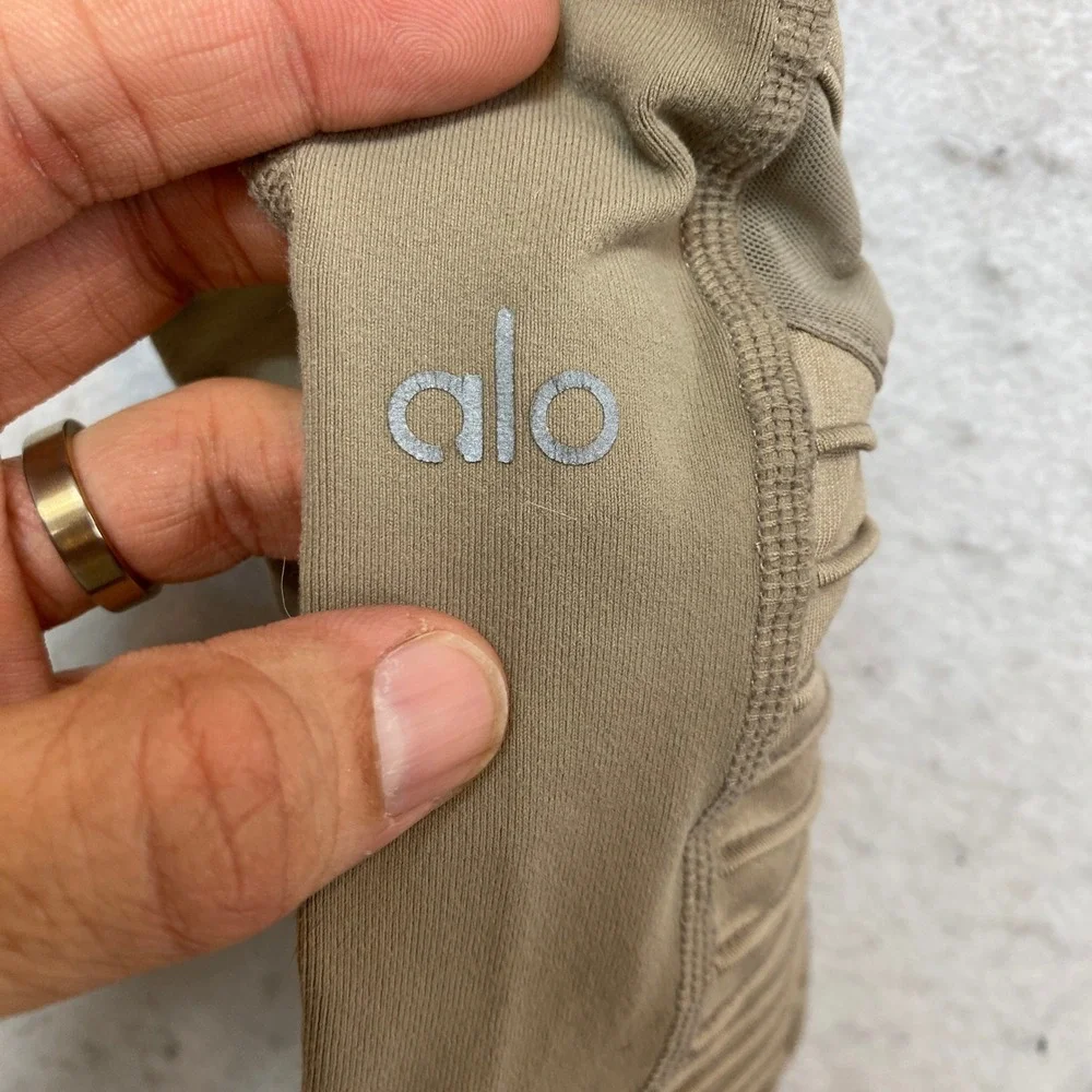 Alo Leggings Womens Size Medium Gravel Tan Ribbed Mesh High Waist Moto